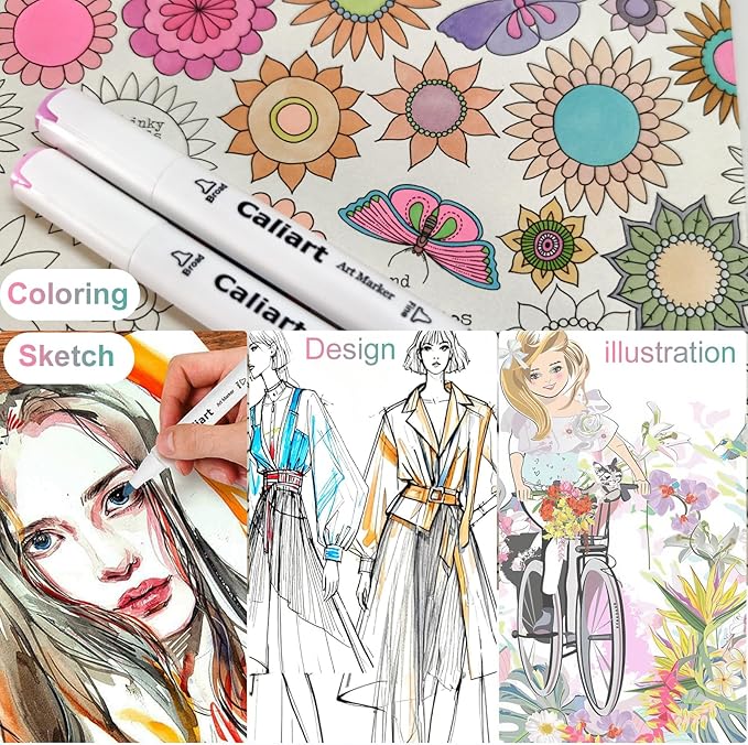 Caliart Pastel Alcohol Markers, 61 Colors Fine & Broad Chisel Dual Tip Permanent Art Markers with Carrying Case, Alcohol Based Sketch Pens for Adults Artists Coloring Painting Drawing Illustration
