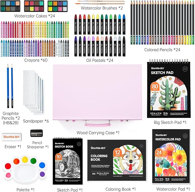 Shuttle Art 149 Piece Deluxe Art Set, Art Supplies in Wooden Case, Painting Drawing Art Kit with Crayons Colored Pencils Oil Pastels Coloring Book Sketch Pad for Kids Adults