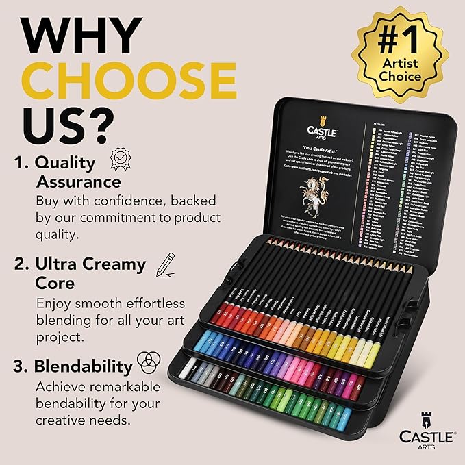 Castle Art Supplies Colored Pencils Set | 72 Premium Soft Core Colored Leads for Adult Artists | Organized in Presentation Tin Case