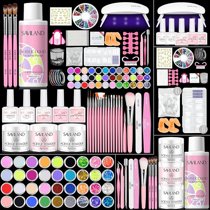 SAVILAND Acrylic Nail Kit with Everything: Professional Nails Kit Set for Beginner Acrylic Powder & Liquid Gel Polish Kit U V Light Full Nail Supplies Essential Tools DIY Home Salon Christmas Gift
