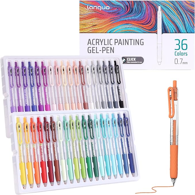 languo Acrylic Gel Pens for Coloring, 36 Colors Click Acrylic Paint Pens Set with 0.7mm Tip for Adult Coloring, Colored Gel Pens for Black Paper, Rock, Glass, Fabric, DIY and Art Crafts Supplies