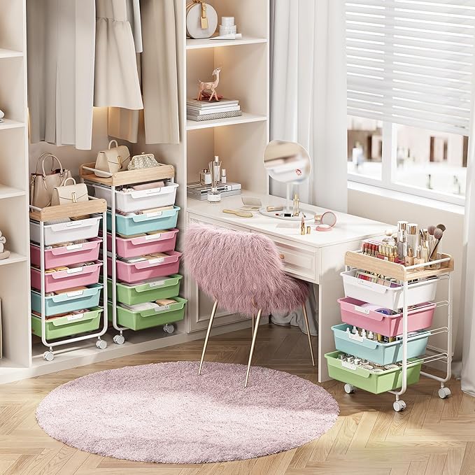 SYKIARIOL Rolling Storage Utility Cart with 5 Drawers,Craft Cart with Wheels,Makeup Organizer,Art Supply and Storage Wooden Tabletop,Colorful