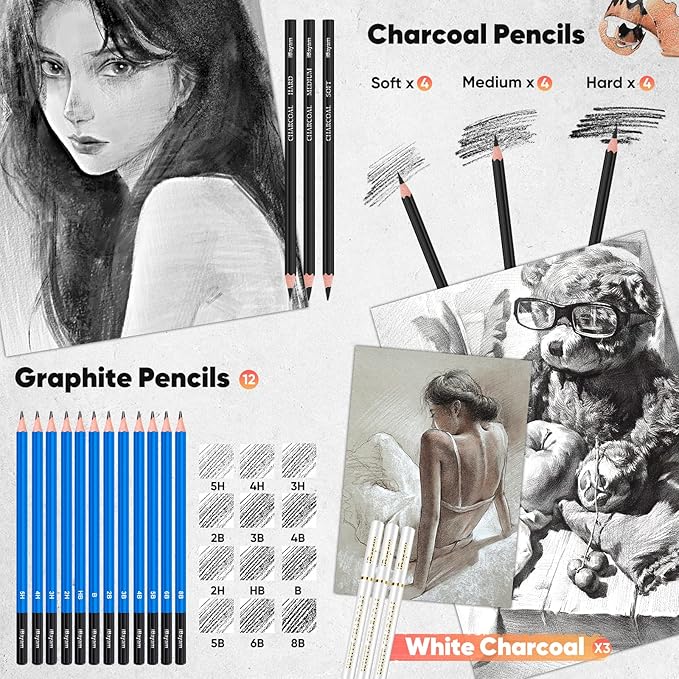iBayam 78-Pack Drawing Set Sketching Kit Art Supplies for Adult, Christmas Gifts for Adult, with 3-Color Sketchbook, Coloring Book, Colored, Graphite, Charcoal, Watercolor & Metallic Pencil
