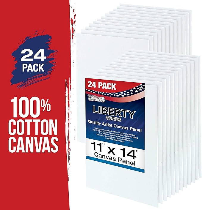 U.S. Art Supply 11 X 14 Inch Art Canvas Board Panels 24 Pack - 8 Ounce Heavyweight Cotton Acid Free Canvases for Painting Acrylics and Watercolor (1 Case of 24 Single Canvas Painting Panels)