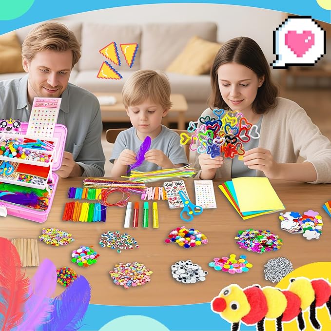 SMILESSKIDDO Arts Craft Supplies for Kids - 1100+ PCS Toddler DIY Craft Art Supply Set, Portable 3 Layered Folding Storage Box School Craft Projects - Gifts for Girls Ages 4-8, 8-12, Pink