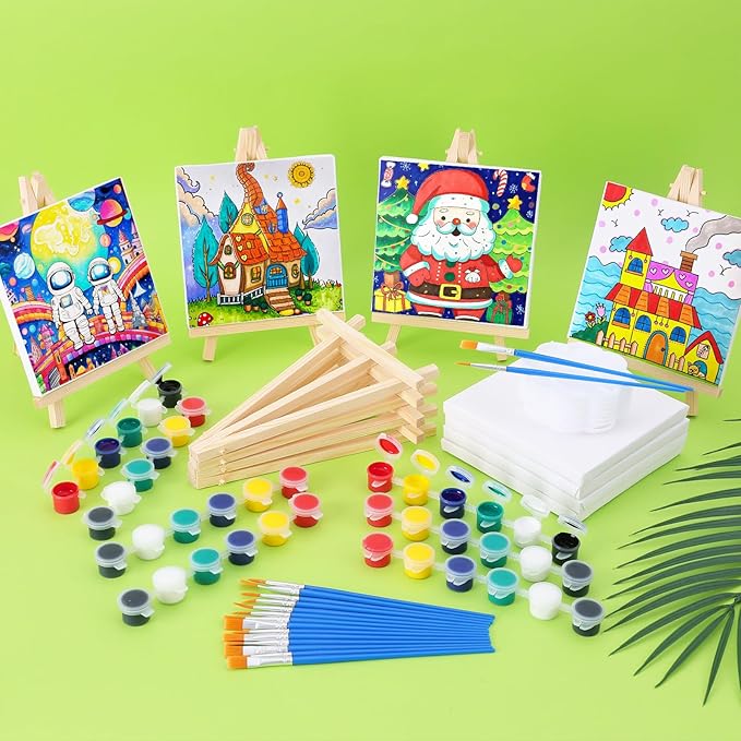 ESRICH 24 Set Mini Acrylic Paint Kit, 5in Mini Stretched Canvas with 7.5in Easel,Acrylic Paint Strips, Paint Palettes, Painting Brushes, Small Canvas and Easel Set for Artists Beginner, Gift