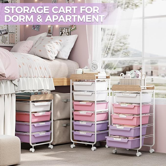 SYKIARIOL Rolling Craft Storage Cart with 4 Drawers,Utility Cart with Drawers,Art Craft Organizers and Storage,Kids Art Craft Cart With DIY Lable and Wooden Tabletop Area, Purple