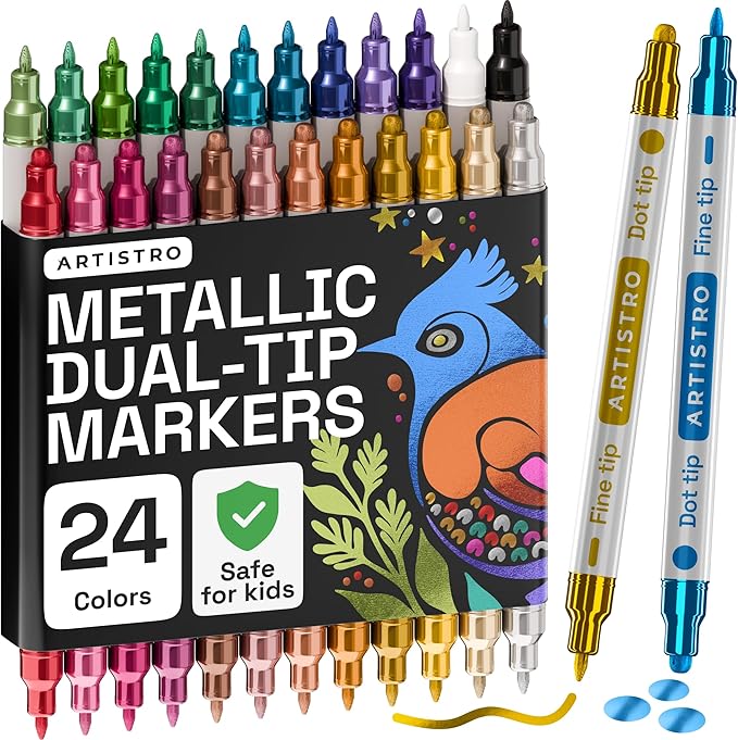 ARTISTRO 24 Metallic Precision Dual-Tip Acrylic Paint Markers – Paint Pens Set with Dot & Fine Tips for Fabric, Rock, Glass, Wood, Coloring Books – Classroom & Art Supplies Teacher Appreciation Gift