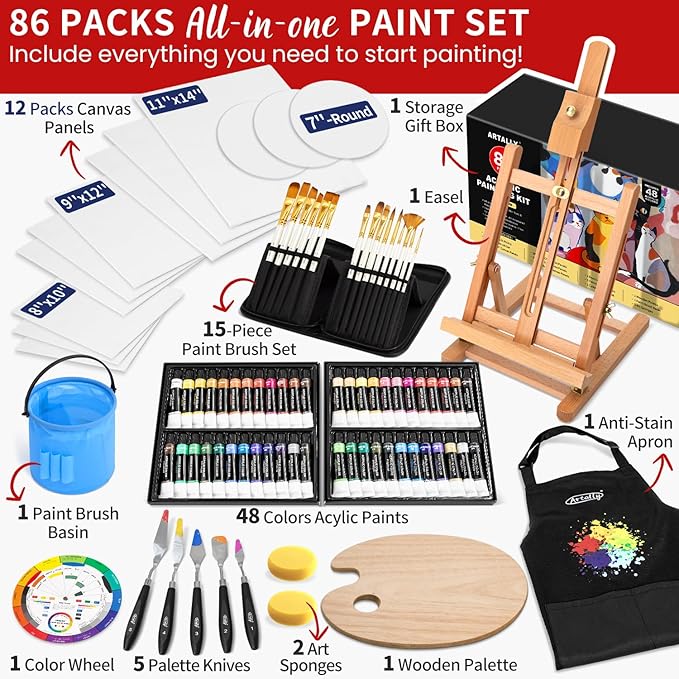 86-Piece Acrylic Painting Kit with Tabletop Easel, 48 Colors Acrylic Paint Set, Paint Brush Set & Case, Brush Basin & Art Apron, Complete Art Supplies Painting Set for Adults, Artists, Beginners