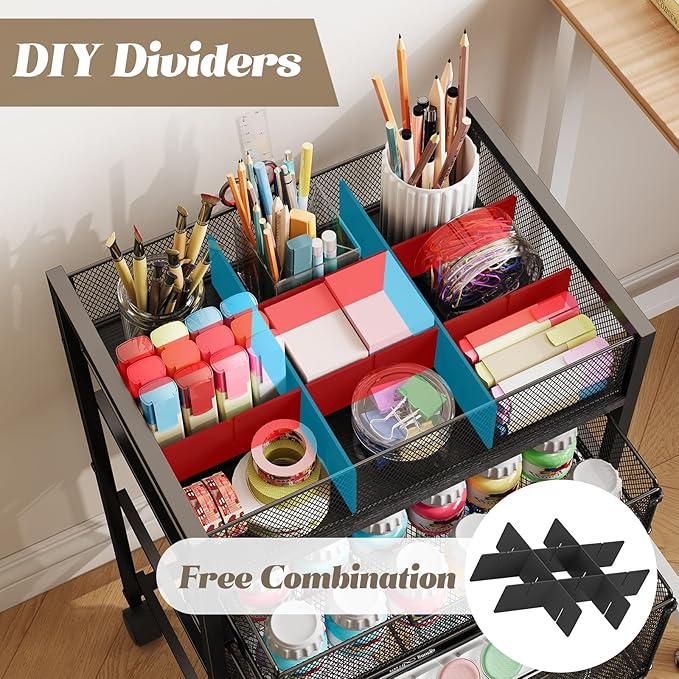 4-Tier Rolling Utility Cart with 3 Drawers, Craft Organizer and Storage with DIY Divider, Art-Craft Supplies with Caster Wheels, Multi-Functional Storage for Classroom, Office, Paints, Artifacts