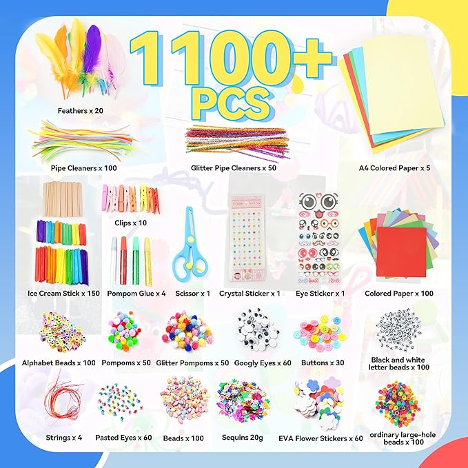 SMILESSKIDDO Arts Craft Supplies for Kids - 1100+ PCS Toddler DIY Craft Art Supply Set, Portable 3 Layered Folding Storage Box School Craft Projects - Gifts for Girls Ages 4-8, 8-12, Pink