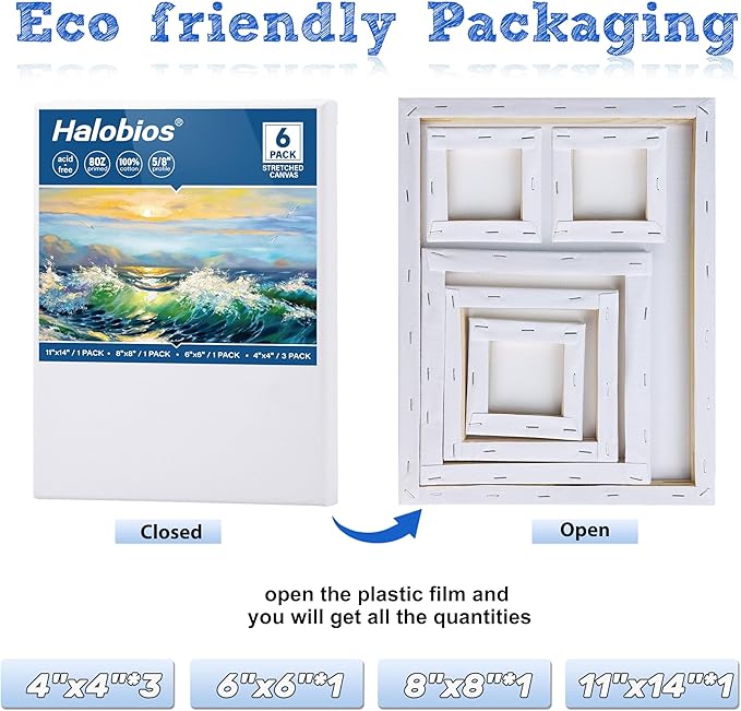 Halobios 6 Packs Stretched Canvases for Painting with 4x4 Inch, 6x6 Inch, 8x8 Inch, 11x14 Inch, Painting Canvases for Acrylics,Oils & Other Media, 5/8 Inch Profile 100% Cotton Artist Framed Canvas
