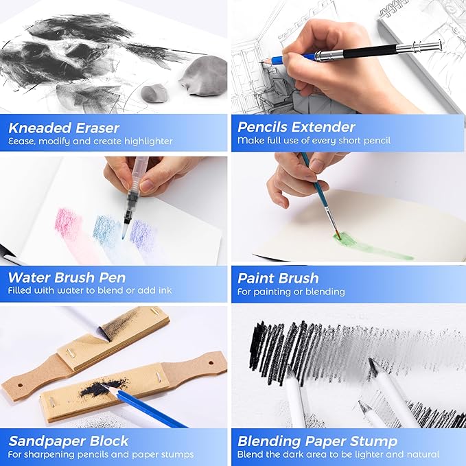 133 Pack Art Supplies Sketching Kit with Sketch Book, Coloring Book, Watercolor Pad, Black Paper Pad, Tutorial, Graphite Colored Charcoal Watercolor & Metallic Pencils for Artists Beginners Adults