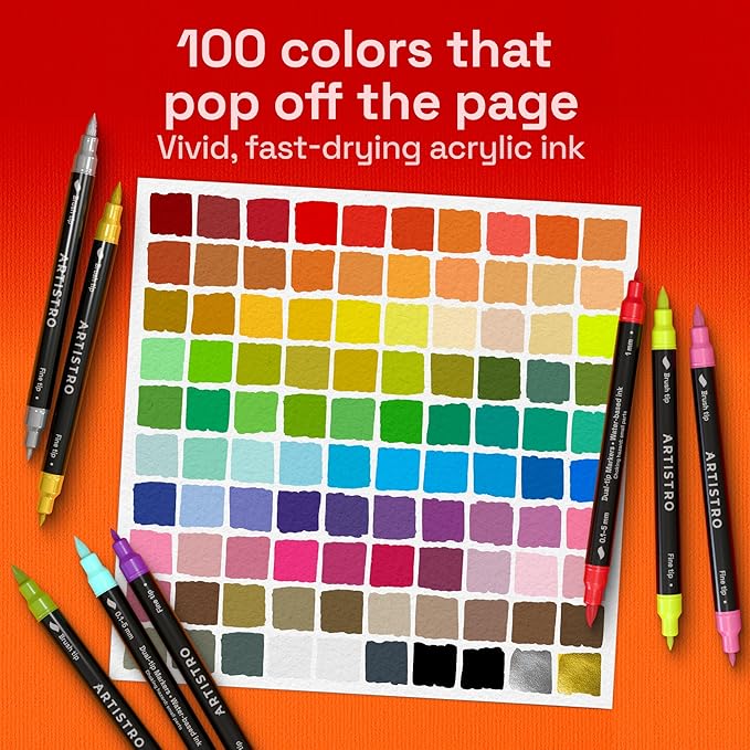 ARTISTRO 100 Dual Tip Acrylic Paint Markers, Paint Pens, Drawing Markers for Textile, Rock, Glass, Wood, Paper, Ceramic, Canvas, DIY - Art Supplies Kit for Kids and Adults (Brush + Fine)