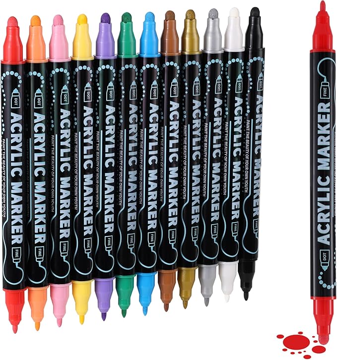 nauets 12 Colors Acrylic Paint Markers, Premium Dot & Fine Dual Tip Acrylic Paint Pens for Rock, Wood, Fabric, Canvas, Glass, Paper, Ceramic, Scrapbook, Vision Board and DIY Crafts Supplies Art Gifts
