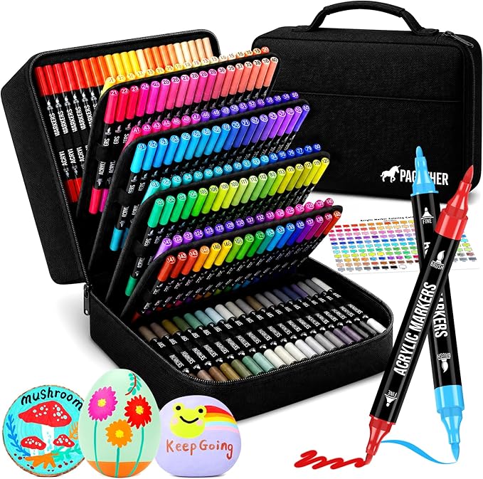 168 Colors Acrylic Paint Markers, Dual Tip Fine and Brush Tips Pens Contain 24 Metallic Color for Stone, Wood, Calligraphy, Canvas, Ceramic, Metal, Glass, Rock Painting, DIY Crafts Art Supplies Kit