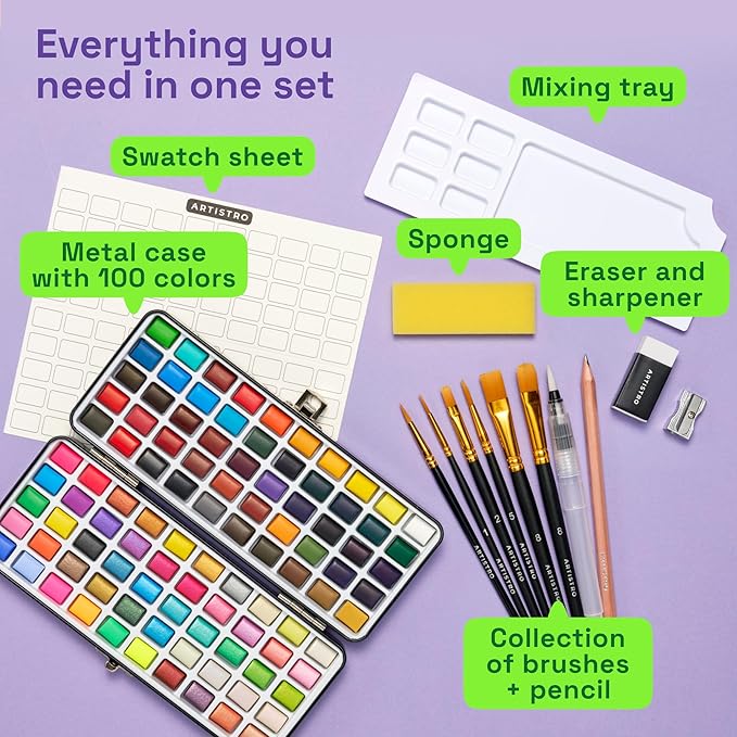 ARTISTRO 100 Color Watercolor Paint Set - Portable Paint Art Kit with Palette and Brush Pens - Travel Water Color Set for Adults, Professionals, Kids - Art and Painting Supplies - Gift Idea