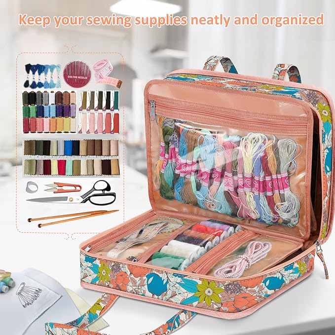 FINPAC Sewing and Craft Supplies Storage Tote, Large Capacity Travel Packing Organizer Bag with Clear Pockets and Handle for Knitting, Crochet, Art, Sewing Accessories