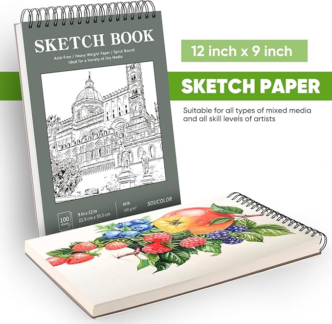 Soucolor 9" x 12" Sketch Book, 1-Pack 100 Sheets Spiral Bound Art Sketchbook, Acid Free (68lb/100gsm) Artist Drawing Book Paper Painting Sketching Pad, College Essentials