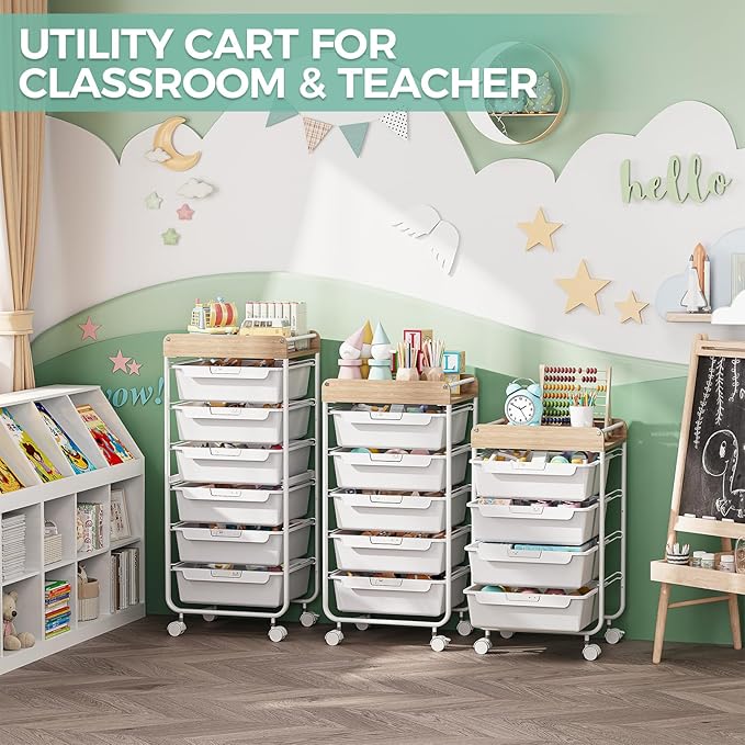 SYKIARIOL Rolling Storage Utility Cart with 4 Drawers,Kids Craft Art Cart,Makeup Organizer and Storage with Wooden Tabletop,White
