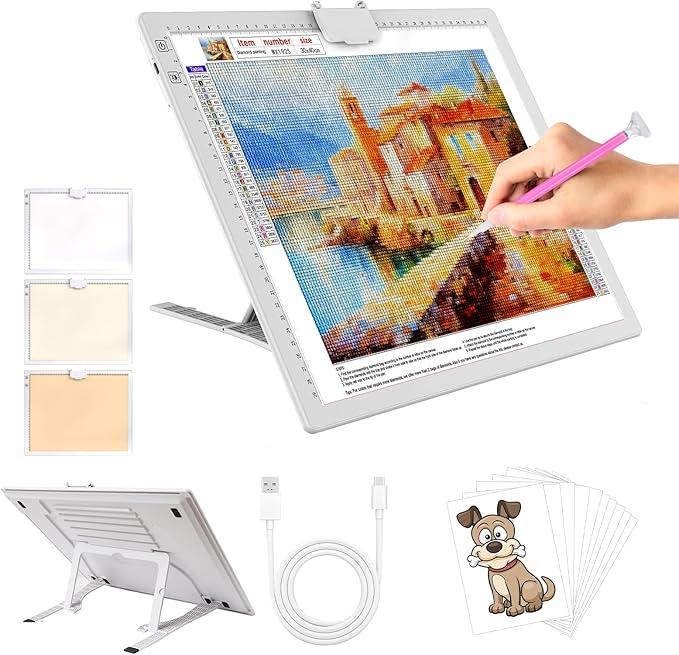 YINGWOND A3 Rechargeable LED Light Pad,Light Box for Tracing with Integrated Stand,3 Light Colors 6 Levels of Brightness and stepless dimming,Light Board for Diamond Painting,Drawing,Artists