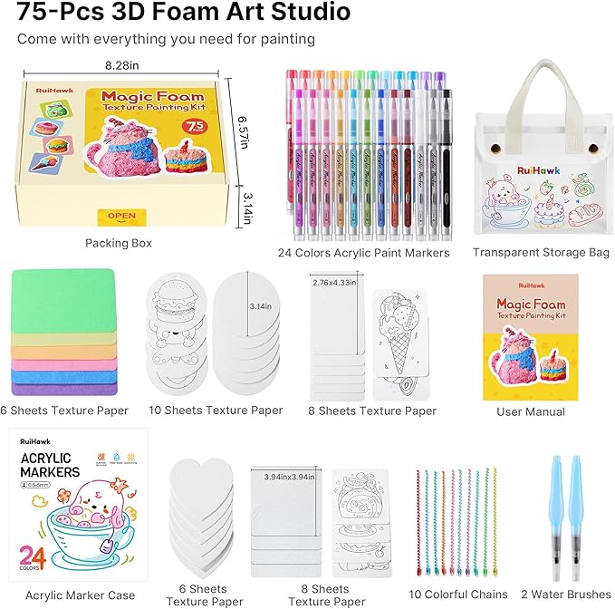 RuiHawk Magic Foam Texture Painting Kit for Kids, 75 Pcs 3D Puff Paint Art Supplies with 24 Auto-Flow Markers, 38 Texture Sheets & 10 Bead Necklace, Puffy Paint Kit Creative Gift for Ages 5-10