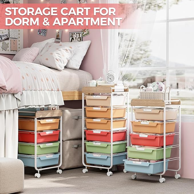 6 Drawer Rolling Cart for Craft Storage,Utility Drawer Organizer with Handle and Wooden Top,Storage on wheels for Office, Classroom,Laundry,Garage,Snack,Art Supply,Rainbow