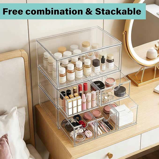 Prsildan Acrylic Makeup Organizer, 3 Pack Stackable Storage Drawers with 9 Drawers for Office Desk Vanity Craft Room Clear Drawer Organizers for Hair Accessories Art Supplies Cosmetics Modular System