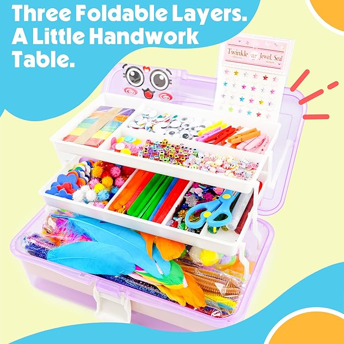 SMILESSKIDDO Arts Craft Supplies for Kids - 1100+ PCS Toddler DIY Craft Art Supply Set, Portable 3 Layered Folding Storage Box School Craft Projects - Gifts for Girls Ages 4-8, 8-12, Purple