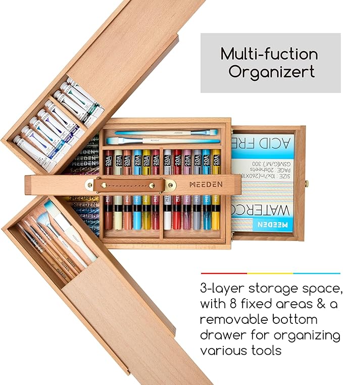 MEEDEN Artist Supply Storage Box - Portable Foldable Multi-Function Beech Wood Artist Tool & Brush Storage Box with Compartments & Drawer for Pastels, Pencils, Pens, Markers, Brushes