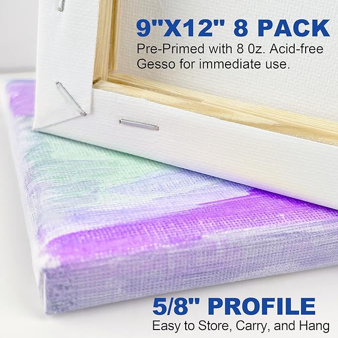 Halobios Stretched Canvases for Painting, 8 Packs 9X12 Inch Canvases for Acrylics,Oils & Other Painting Media, 5/8 Inch Profile 100% Cotton Primed Artist Framed Canvas