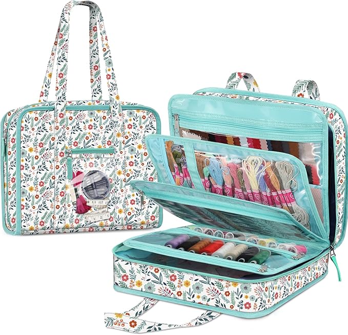 FINPAC Sewing and Craft Supplies Storage Tote, Large Capacity Travel Packing Organizer Bag with Clear Pockets and Handle for Knitting, Crochet, Art, Sewing Accessories