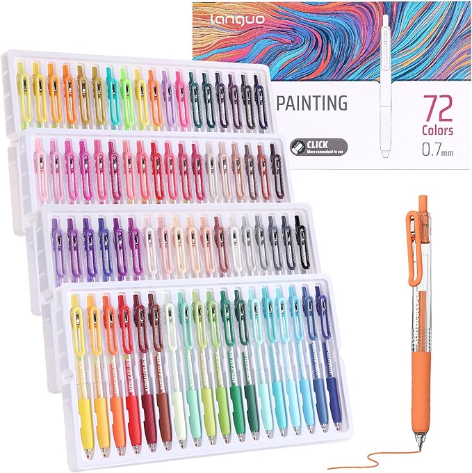 languo Acrylic Gel Pens for Coloring, 72 Colors Click Acrylic Paint Pens Set with 0.7mm Tip for Adult Coloring, Colored Gel Pens for Black Paper, Rock, Glass, Fabric, DIY and Art Crafts Supplies