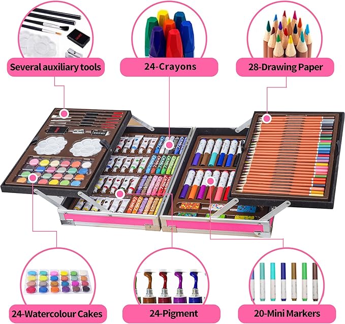 KINSPORY Art Supplies, 139 Pack Painting Drawing Art Kit with 2 Sketch Pads, Deluxe Double Layers Art Set Crafts, Colored Pencils, Oil Pastels, Watercolor Paints, Colored Markers for Kids (Red)