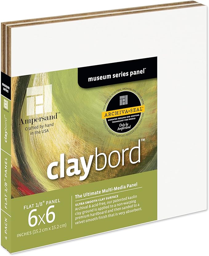 Ampersand Art Supply Claybord | 6" x 6" - Pack of 4 | 1/8" Flat Profile | Kaolin Clay Painting Panel for Acrylic, Ink, Watercolor & Mixed Media | Canvas & Paper Alternative