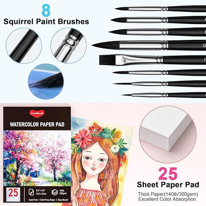 Smallbudi Watercolor Paint Set 168 Colors Including Metallic, Watercolor Kit with Case, Watercolor Paper, Paint Brushes, Palette and Accessories, Water Color Art Supplies Gift for Adults Kids Artists