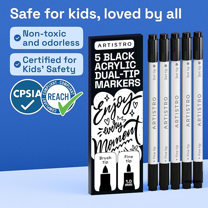 ARTISTRO 5 Precision Dual-Tip Acrylic Paint Markers – Paint Pens Set with Dot & Fine Tips for Fabric, Rock, Glass, Wood, Coloring Books – Classroom & Art Supplies Gift Teacher Appreciation Gift