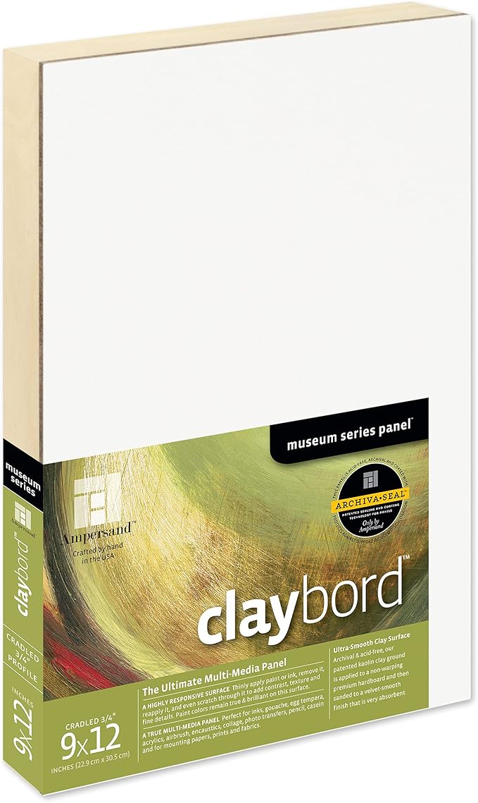 Ampersand Art Supply Claybord | 9" x 12" | 3/4" Cradled Profile | Kaolin Clay Painting Panel for Acrylic, Ink, Watercolor & Mixed Media | Canvas & Paper Alternative
