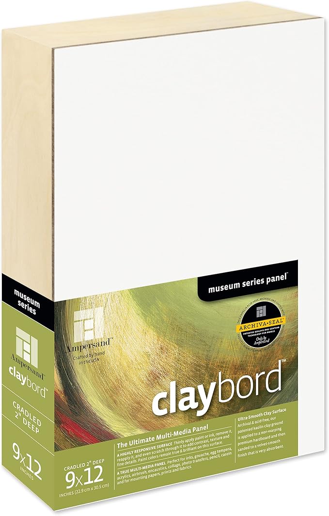 Ampersand Art Supply Claybord | 9" x 12" | 2" Cradled Profile | Kaolin Clay Painting Panel for Acrylic, Ink, Watercolor & Mixed Media | Canvas & Paper Alternative