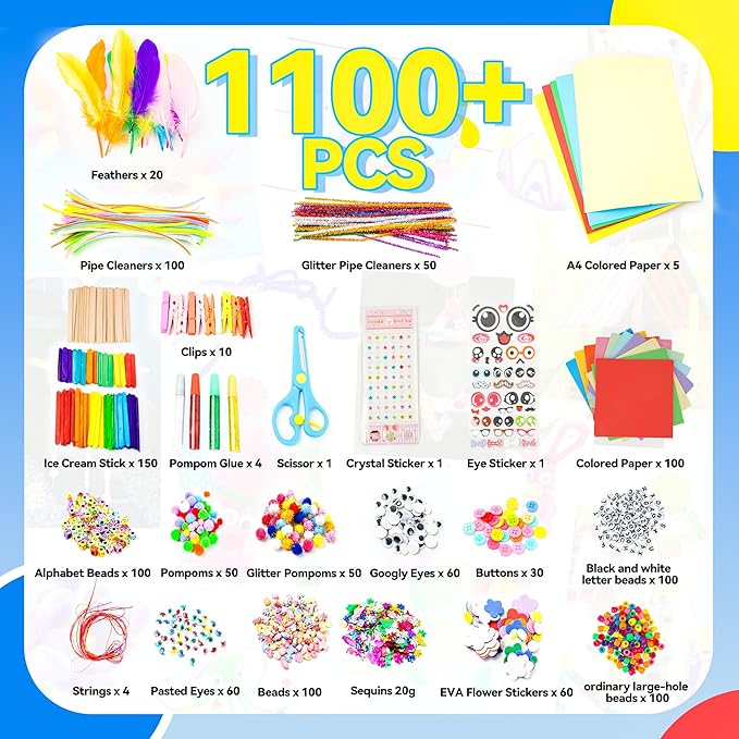 SMILESSKIDDO Arts Craft Supplies for Kids - 1100+ PCS Toddler DIY Craft Art Supply Set, Portable 3 Layered Folding Storage Box School Craft Projects - Gifts for Girls Ages 4-8, 8-12, Purple