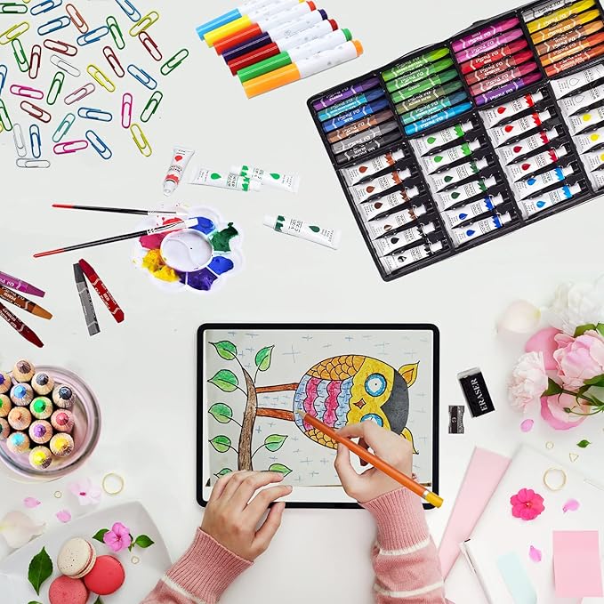 KINSPORY Art Set, 139 Pack Painting Drawing Art Supplies Kit with 2 Sketch Pads, Deluxe Double Layers Art Set Crafts, Colored Pencils, Oil Pastels, Watercolor Paints, Gift for Artists Kids (Rose Pink)
