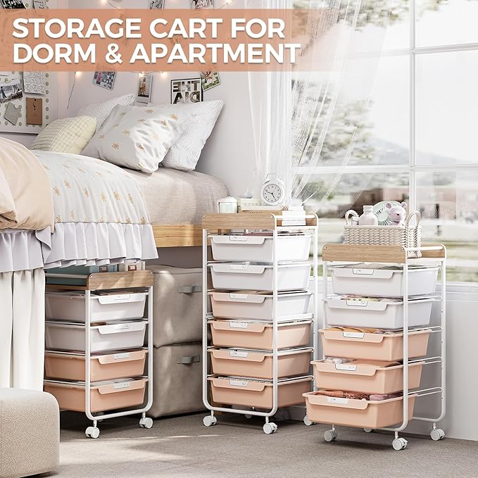 Rolling Storage Utility Cart With 4 Drawers,Kids Craft Art Cart,Makeup Organizer And Storage with Wooden Tabletop,Pearl