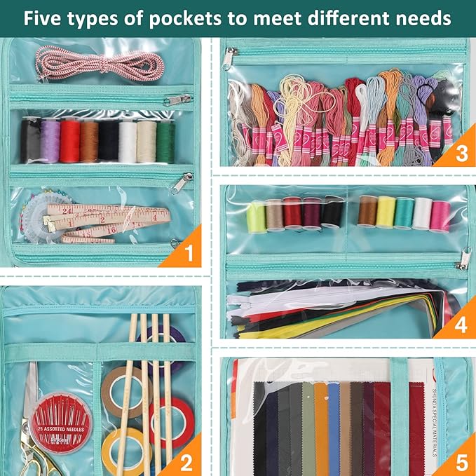 FINPAC Sewing and Craft Supplies Storage Tote, Large Capacity Travel Packing Organizer Bag with Clear Pockets and Handle for Knitting, Crochet, Art, Sewing Accessories