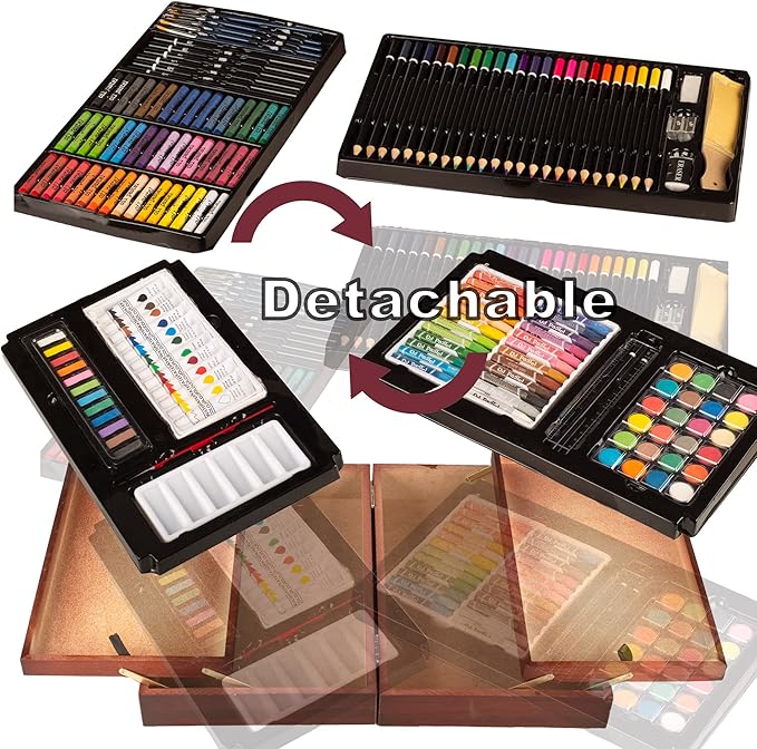 KINSPORY 168 Pack Wooden Art Set, Deluxe Painting Drawing Kit, 3 Coloring Books, Oil Pastels, Watercolor Paints, Art Crafts Supplies, Creative Gift Set for Beginners, Kids, Boys, Girls & Artists (Red)