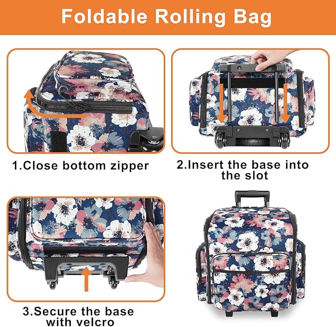 YOREPEK Rolling Craft Bag, Large Roller Scrapbook Tote with Wheels, Water Resistant Scrapbooking Rolling Briefcase for Scrap Book Stickers Supplies and Tools, Gift for Crafter Artist Teacher, Floral