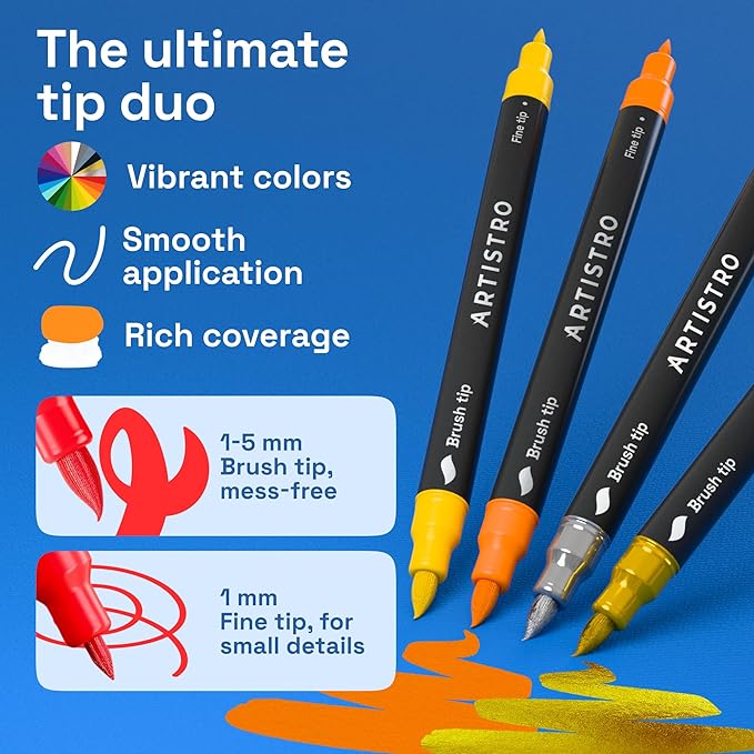 ARTISTRO 100 Dual Tip Acrylic Paint Markers, Paint Pens, Drawing Markers for Textile, Rock, Glass, Wood, Paper, Ceramic, Canvas, DIY - Art Supplies Kit for Kids and Adults (Brush + Fine)