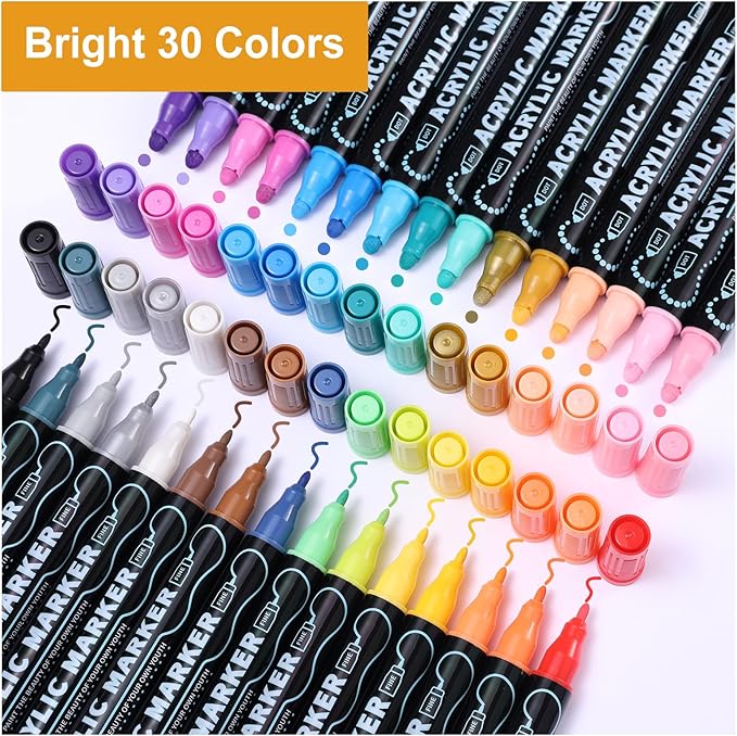 nauets 30 Colors Dual Tip Acrylic Paint Markers, Dot & Fine Tip Acrylic Paint Pens for Rock, Wood, Fabric, Canvas, Glass, Scrapbook, Paper, Ceramic, Egg, DIY Crafts Supplies-Photo Album Supplies