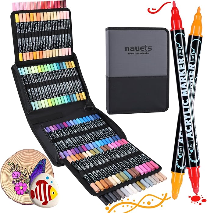 nauets 100 Colors Waterproof Dual Tip Acrylic Paint Markers, Premium Dot & Fine Tip Coloring Paint Pens Set for Paper, Rock, Wood, Fabric, Canvas, Glass, Ceramic and DIY Crafts Art Supplies