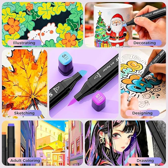Soucolor 51 Colors Alcohol Markers Brush Tip, Dual Tip Brush & Chisel Alcohol-Based Art Markers, 50 Colors+1 Blender Drawing Coloring Art Supplies for Kids Artists Adults Teen Girl Gifts Trendy Stuff