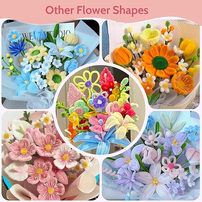 500 PCS Pipe Cleaners Craft, Pipe Cleaners Flowers Kit with Handle, 20 Colors Chenille Stems with Instruction, Art and Craft Supplies, Colored Pipecleaners Bulk